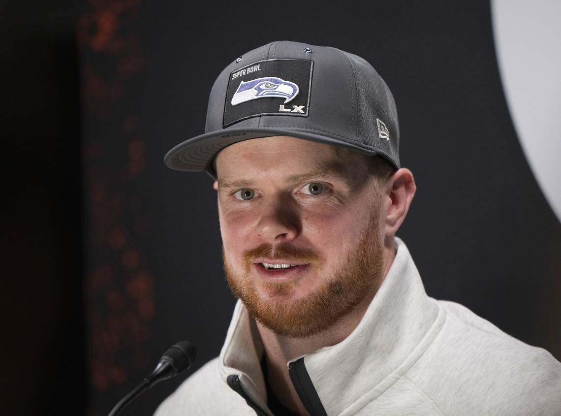 Seattle Seahawks quarterback Sam Darnold (14) speaks to the media during the Super Bowl Opening Night Ceremony, at San Jose Convention Center on Monday, Feb. 2, 2026, in San Jose, Calif.