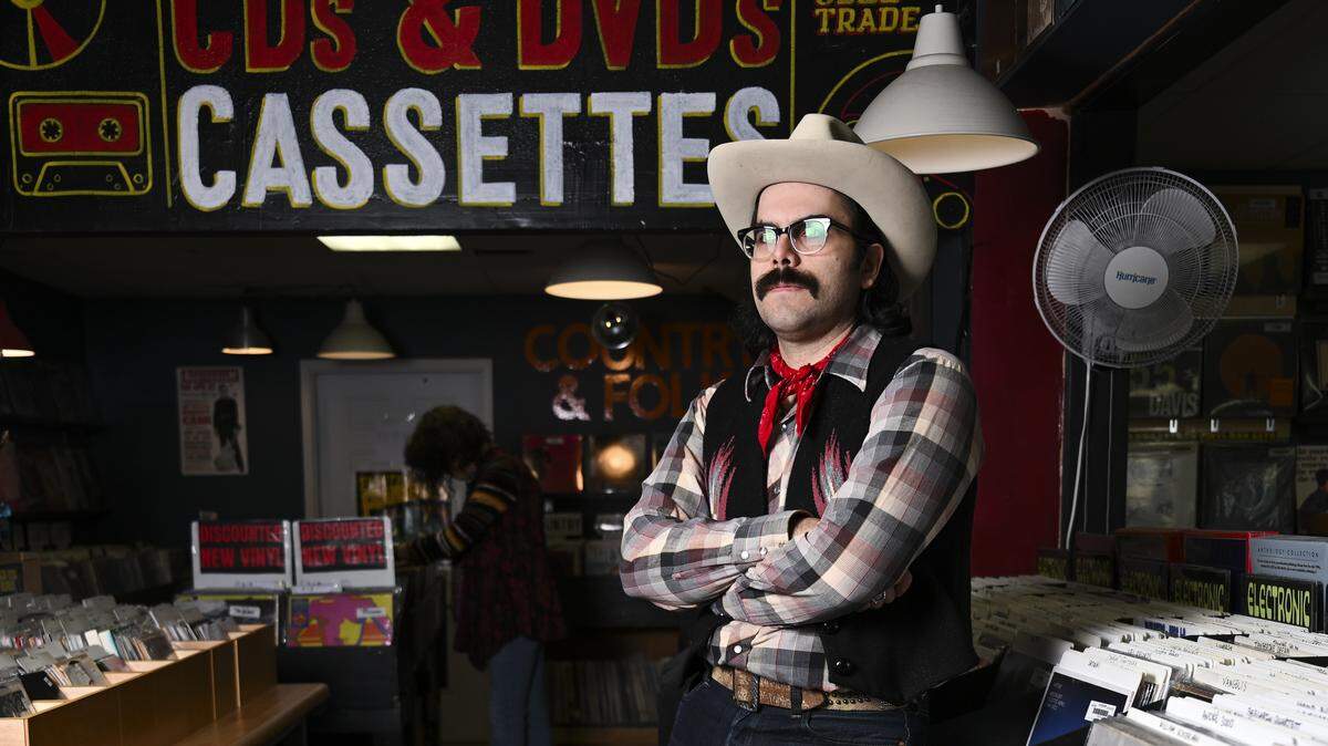 Matt Kimball of The Kimball Superstars poses for a portrait in Hi-Voltage Records, on Wednesday, Feb. 25, 2026, in Tacoma, Wash. Kimball is releasing a vinyl-only country-western album titled Here’s to the Memory.”