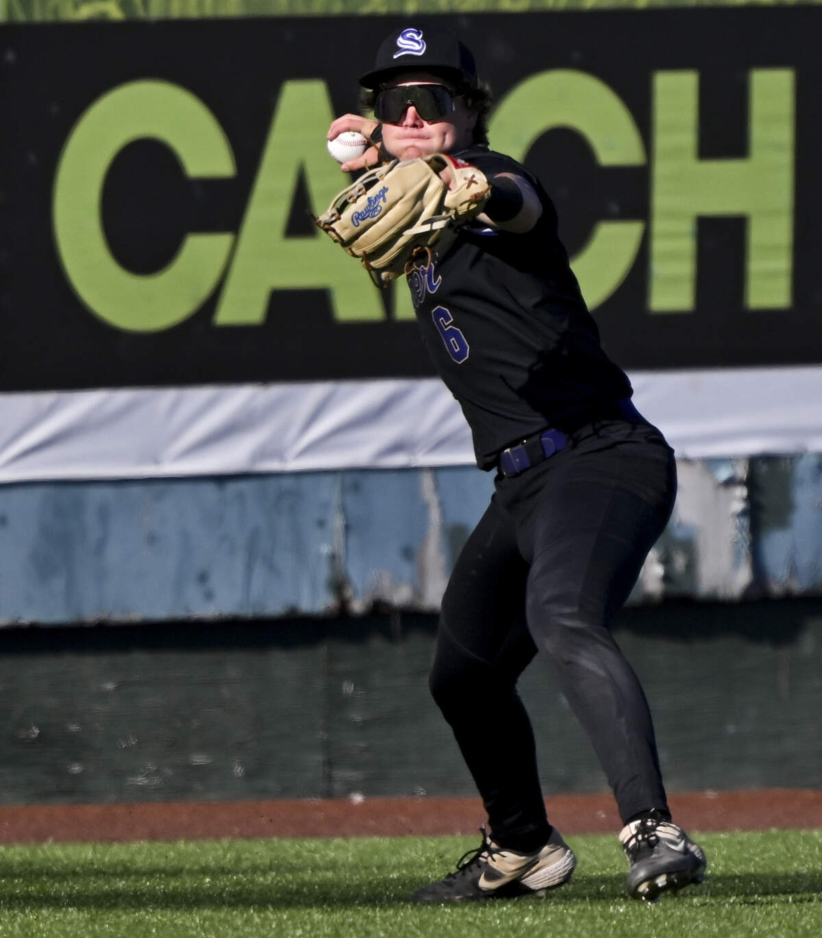 Sumner's Bryce Carl (6) fields the ball on a Gonzaga Prep double during the 4A State championship game at Funko Field, on Saturday, May 30, 2026, in Everett.