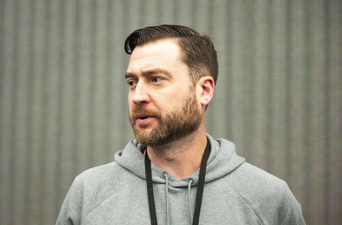 Seattle Seahawks quarterbacks coach Andrew Janocko speaks to the media during Seahawks team availability , at San Jose Convention Center on Wednesday, Feb. 4, 2026, in San Jose, Calif.