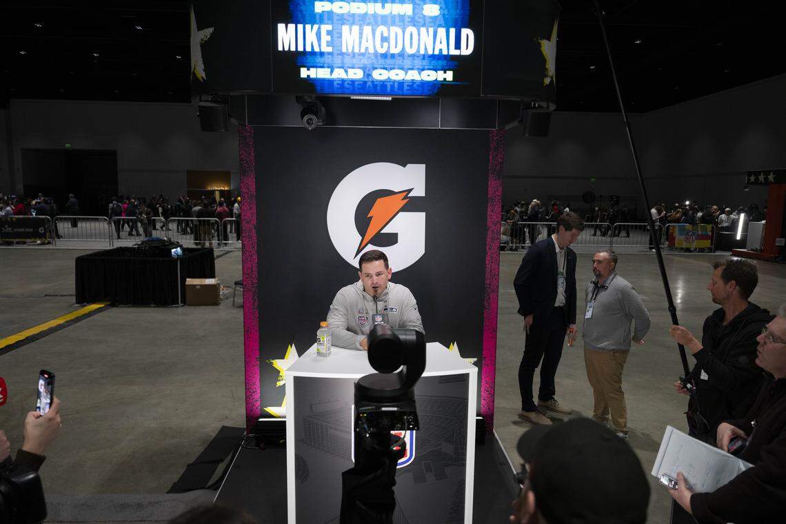 Seattle Seahawks head coach Mike MacDonald speaks to the media during the Super Bowl Opening Night Ceremony, at San Jose Convention Center on Monday, Feb. 2, 2026, in San Jose, Calif.