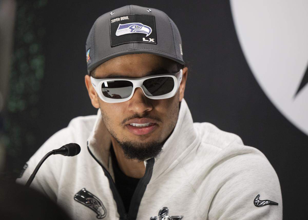 Seattle Seahawks wide receiver Jaxon Smith-Njigba (11) speaks to the media during the Super Bowl Opening Night Ceremony, at San Jose Convention Center on Monday, Feb. 2, 2026, in San Jose, California.