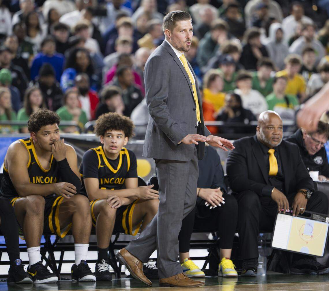 Lincoln head coach Ryan Rogers reacts during the semifinal round of the 3A State Tournament against Eastside Catholic at the Tacoma Dome, on Friday, March 6, 2026, in Tacoma.
