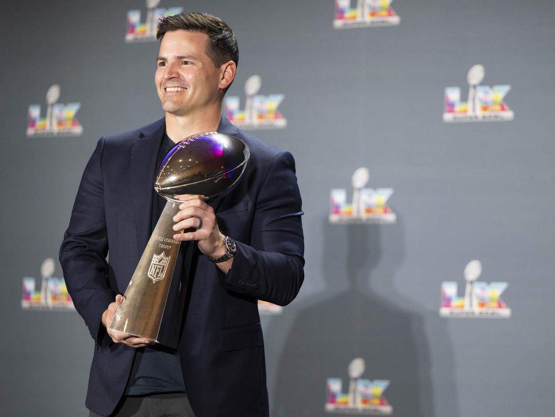 Seattle Seahawks head coach Mike MacDonald holds the Lombardi Trophy during a press conference after winning Super Bowl LX at Moscone Center on Feb. 8, 2026 in San Fransisco.