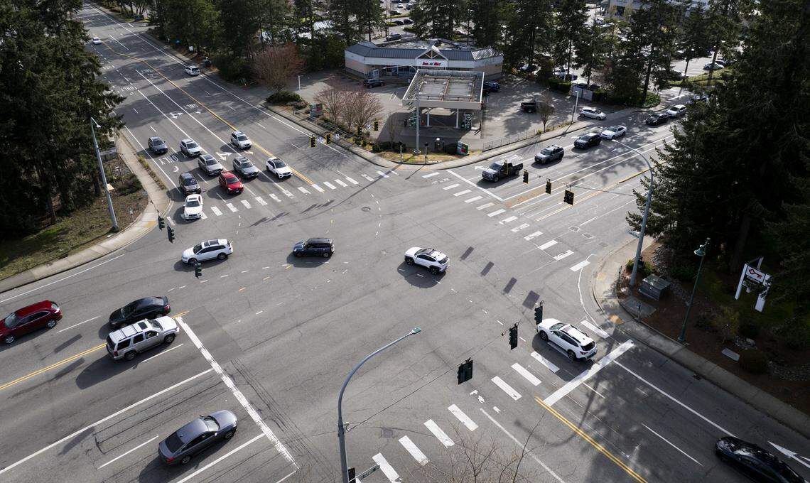The intersection of Point Fosdick Drive and Olympic Drive regularly experiences backups, on Monday, April 6, 2026, in Gig Harbor, Wash.