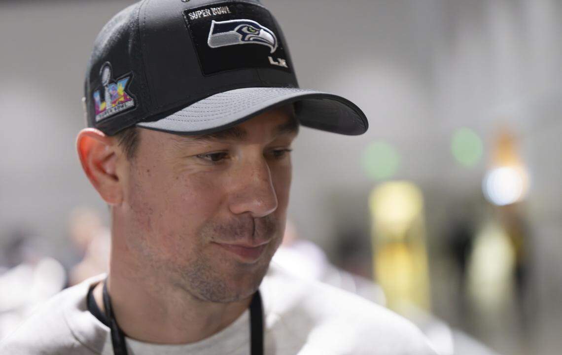 Seattle Seahawks offensive coordinator Klint Kubiak speaks to the media during the Super Bowl 60 Opening Night Ceremony, at San Jose Convention Center on Monday, Feb. 2, 2026, in San Jose, Calif.